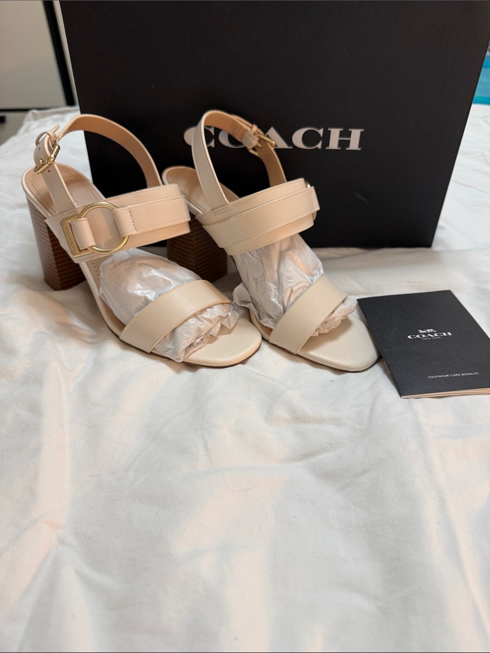 Coach Cream - Mabel Leather Block Heel Sandals with Gold Buckle Accent